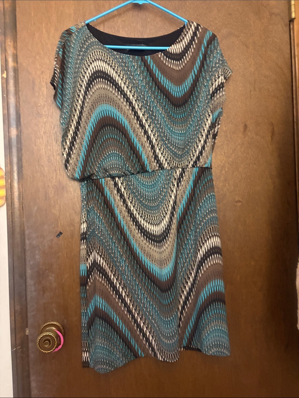 connected apparel Teal, Brown, Cream & Black Wave-Print Blouson Dress